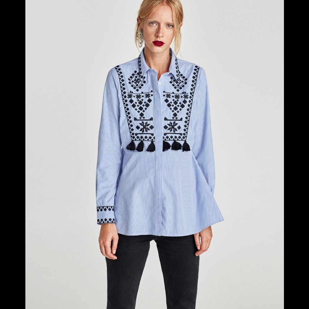 Zara Embroidered Shirt with PomPoms